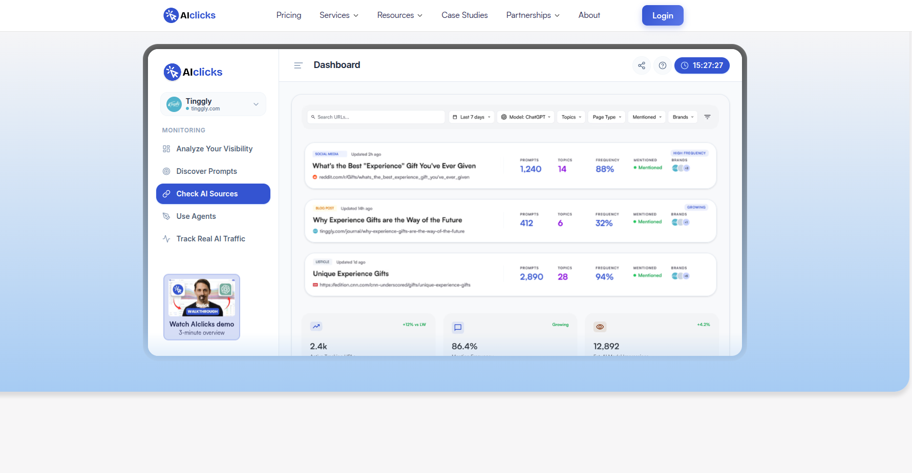 AIclicks dashboard showing brand visibility tracking across AI platforms.